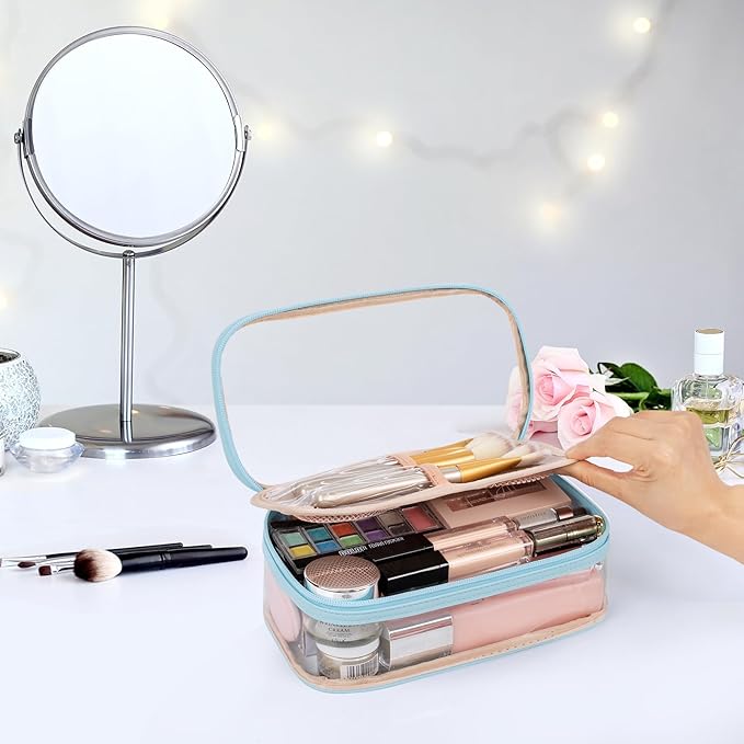OCHEAL Clear Makeup Bag, Portable Makeup Storage Organizer Cosmetic Bag, Travel Makeup Bag Cute Pouch Women Girls Cosmetics Bags with Divider Makeup Brush Compartment-Lake Blue Clear