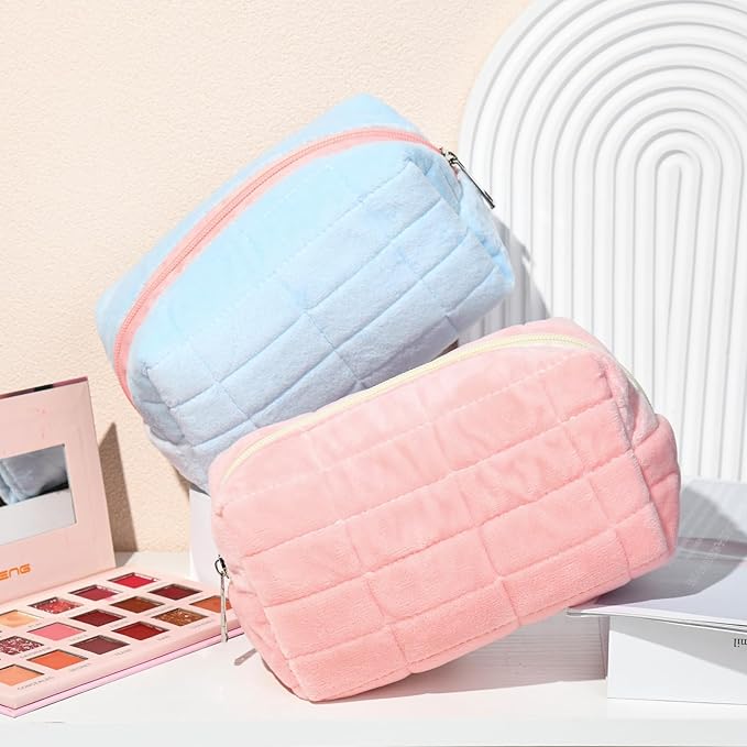2 Pieces Makeup Bag Cute Cosmetic Bag Plush Pink Blue Checkered Makeup Pouch Coquette Travel Toiletry Bag Organizer Fluffy Makeup Brushes Puffy Storage Bag for Women