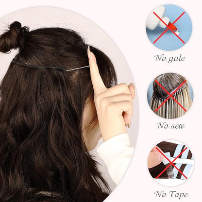 MORICA Invisible Wire Hair Extensions - 20 Inch Copper Brown Long Wavy Synthetic Hairpiece with Transparent Wire Adjustable Size, 4 Secure Clips for Women