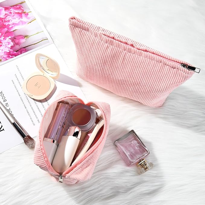 2 Pieces Makeup Bag Large Corduroy Cosmetic Bag Capacity Canvas Mix Travel Toiletry Bag Organizer Cute Makeup Brushes Aesthetic Accessories Storage Bag for Women, Corduroy Mix Pink