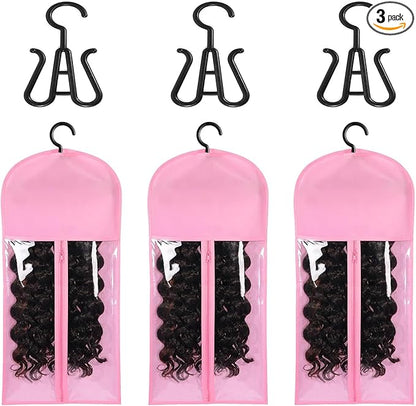 3PCS wig Hanger Hair Extension Holder Wig Storage for Multiple Wigs Bags Storage with Hanger Wig Holder Dust-proof Hair Extension Storage with Hook hair extensions, wigs & accessories (Pink)