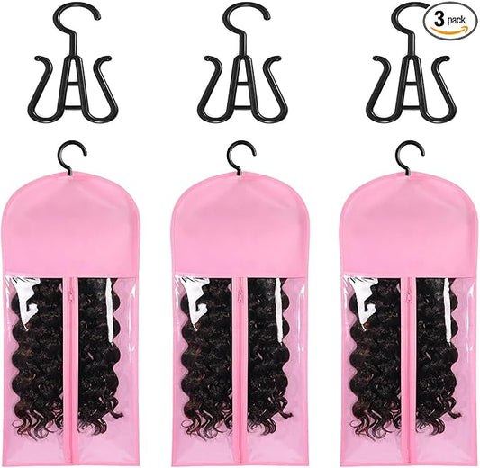 3PCS wig Hanger Hair Extension Holder Wig Storage for Multiple Wigs Bags Storage with Hanger Wig Holder Dust-proof Hair Extension Storage with Hook hair extensions, wigs & accessories (Pink)