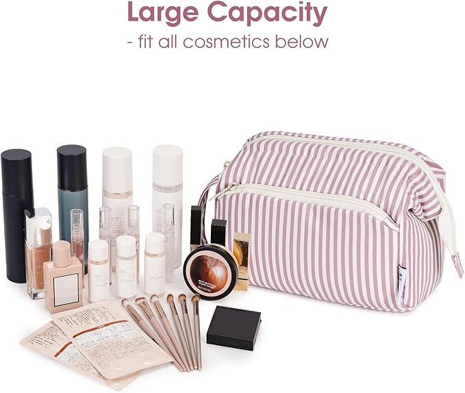 Narwey Striped Makeup Bag Women Wide-open Make up Bag Travel Cosmetic Bag Organizer Toiletry Bag for Cosmetics Toiletries Accessories (Dusty Rose Stripe)