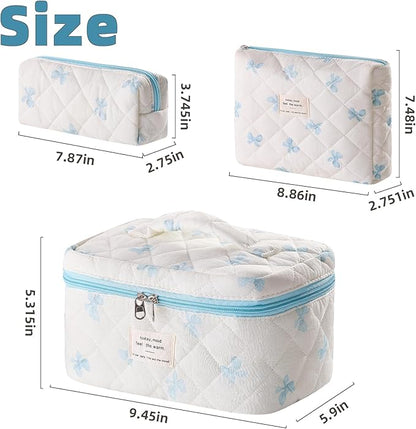 3 Piece Cute Blue Bow Quilted Makeup Bag Set, Large Capacity Travel Makeup Bags for Women and Girls, Includes Small, Medium, and Extra Large aesthetic makeup&Cosmetic Bags (3PCS-Blue Bow)
