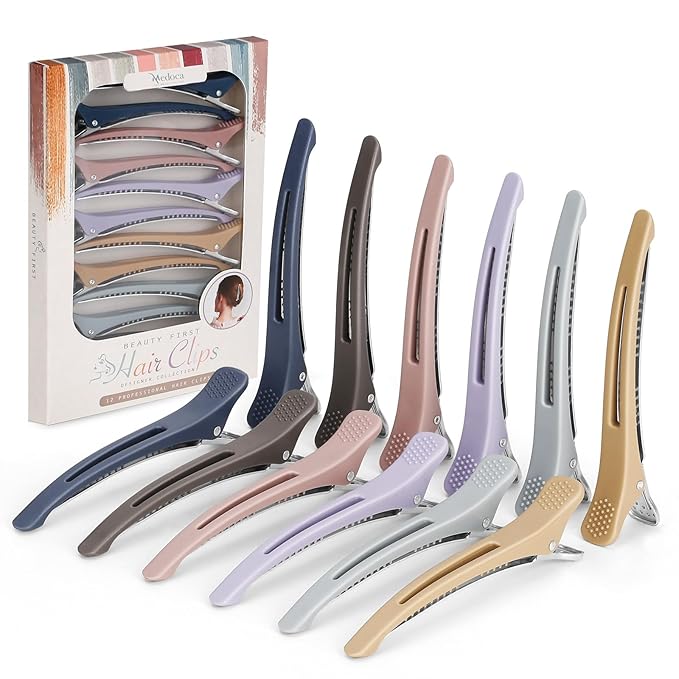 12pcs Duck Billed Hair Clips for Styling Sectioning Rollers Blowout Cutting - Professional Salon Clips with Silicone Band for Stylists Hairdressers Thick Long Hair – Ashen 6 Colors 4.48” Long