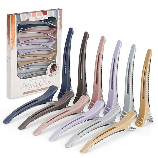 12pcs Duck Billed Hair Clips for Styling Sectioning Rollers Blowout Cutting - Professional Salon Clips with Silicone Band for Stylists Hairdressers Thick Long Hair – Ashen 6 Colors 4.48” Long