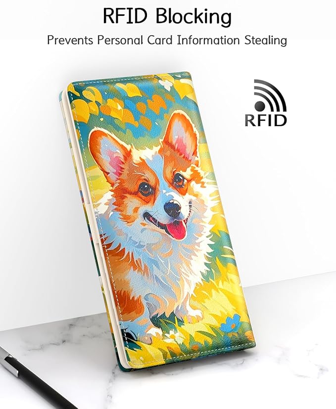 Nipichsha Womens Wallet, RFID Slim Wallets for Women, Thin Ladies Credit Card Holder Purse, Cute Leather Bifold Clutch Billfold with 11 Card Slots & ID Window, Summer Dog