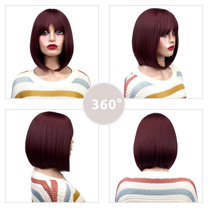 Onpep Bob Wig with Bangs Wine Red Short Straight Wigs for Women Burgundy Shoulder Length Heat Resistant Synthetic Wigs