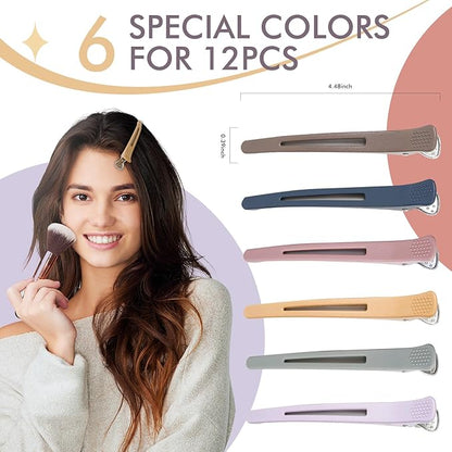 12pcs Duck Billed Hair Clips for Styling Sectioning Rollers Blowout Cutting - Professional Salon Clips with Silicone Band for Stylists Hairdressers Thick Long Hair – Ashen 6 Colors 4.48” Long