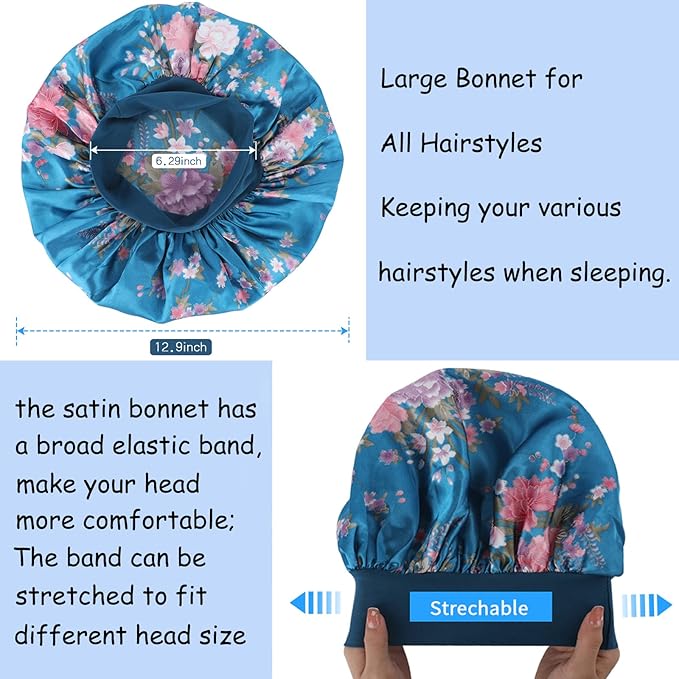 3 Pack Satin Bonnet Silk Hair Bonnet for Sleeping, Sleep Bonnets for Women Large Wide Soft Band Sleep Cap for Curly Hair Braids