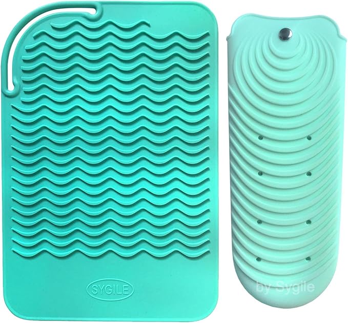 2in1 11" X 7.5" Large Heat Resistant Silicone Mat, Anti-Heat Travel Pad and Pouch for Hair Straighteners, Curling Irons, Flat Irons and Hair Styling Tools Holder - Mint Green (Turquoise)