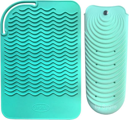 2in1 11" X 7.5" Large Heat Resistant Silicone Mat, Anti-Heat Travel Pad and Pouch for Hair Straighteners, Curling Irons, Flat Irons and Hair Styling Tools Holder - Mint Green (Turquoise)