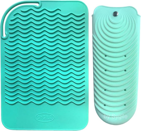 2in1 11" X 7.5" Large Heat Resistant Silicone Mat, Anti-Heat Travel Pad and Pouch for Hair Straighteners, Curling Irons, Flat Irons and Hair Styling Tools Holder - Mint Green (Turquoise)