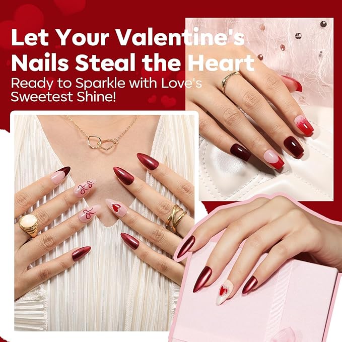 modelones Nail Polish Set, 6 Colors 2025 Summer Classic Apple Red Cat Eye Glitter Mini Quick Dry Nail Lacquer Kit, Ruby Cherry Red Magnetic Sparkle DIY Nail Art Manicure Gift for Women Girls