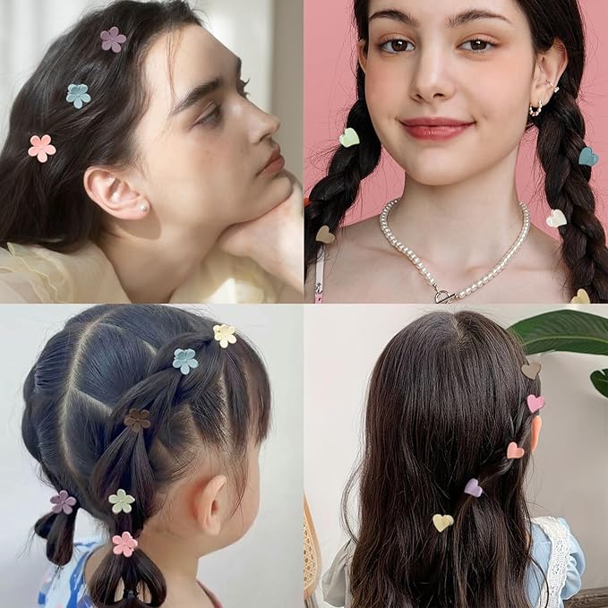 100Pcs Colorful Mini Flower Hair Clips Set, TEBIEKOY Small Hair Clips Mini Heart Hair Claw Clip Cute Jaw Clips Hair Pins Hair Barrettes Tiny Flower Hair Accessories for Women