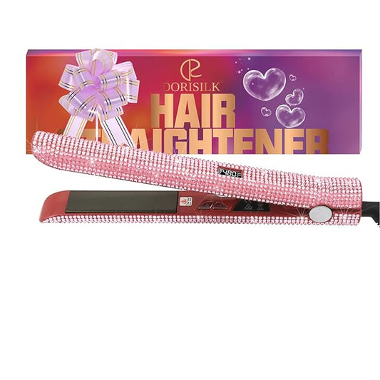 DORISILK 480°F High Temp Titanium Flat Iron, Pink Hair Straightener and Curler 2 in 1 Bedazzled Rhinestone Crystal Bling Straightening Curling Flattening Iron 30s Fast Heat Dual Voltage 1" Soft Pink
