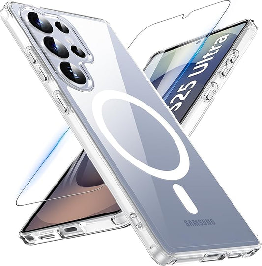 OWKEY Samsung Galaxy S25 Ultra Case 6.86'', Magnetic S25 Ultra Case for Magsafe with Tempered Glass Screen, [Shockproof Military] Transparent Back Slim Bumper Cover Phone Case Galaxy S25 Ultra, Clear