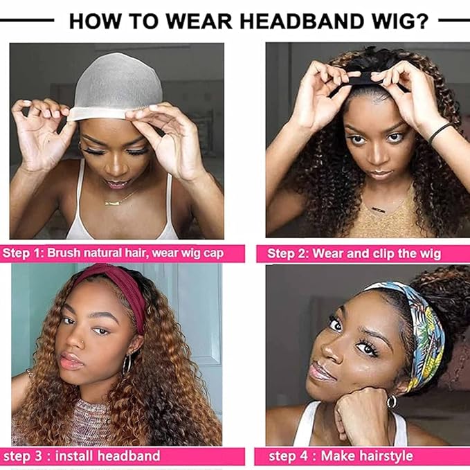 Ombre Wig Honey Blonde Wig 4/27 Highglight Wig Headband Wig Human Hair Deep Wave Headband Wig Curly Wig Colored Wigs 20 Inches
