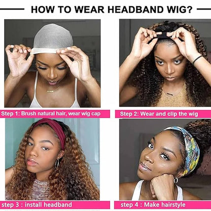 Ombre Wig Honey Blonde Wig 4/27 Highglight Wig Headband Wig Human Hair Deep Wave Headband Wig Curly Wig Colored Wigs 20 Inches