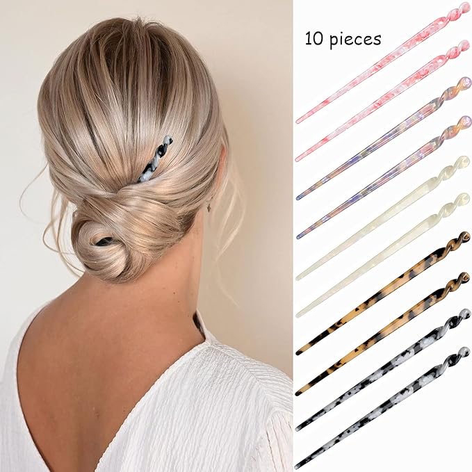 10 Pieces Acetate Hair Sticks Leopard Print Hair Pins, Tortoise Shell Hairpin Vintage Hair Chopsticks Retro Hairpins Disk, Hair Accessories for Women Girls (Vintage)