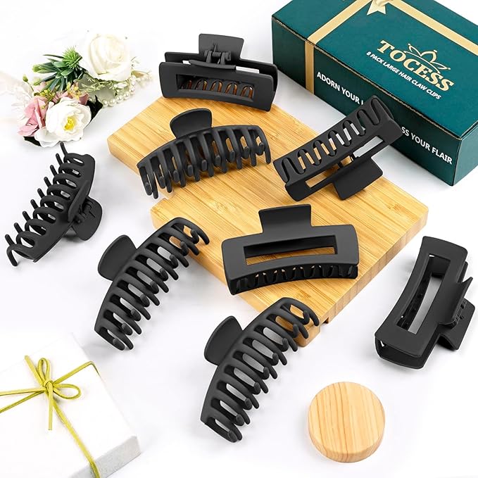 TOCESS 8 Pack Black Big Hair Claw Clips for Women Large Claw Clip for Thin Thick Curly Hair 90's Strong Hold 4.33 Inch Nonslip Matte Jumbo Hair Clips