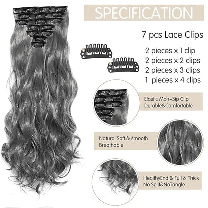 22 Inch Clip In Hair Extensions 7 PCS Long Wavy Synthetic Black Hair Extension & Natural Soft Invisible Clip Thick Hairpieces for Women Daily(20Inch, 7pcs, Dark Gray Mixed Shiny Silver)