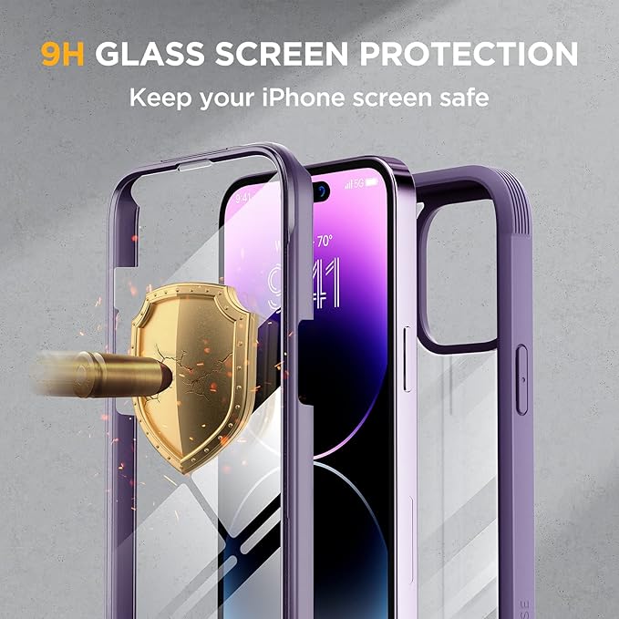 Miracase Glass Series for iPhone 14 Pro Case 6.1 Inch, Full-Body Protective Anti Slippery Case with Built-in 9H Tempered Glass Screen Protector, with Camera Lens Protector (Purple)