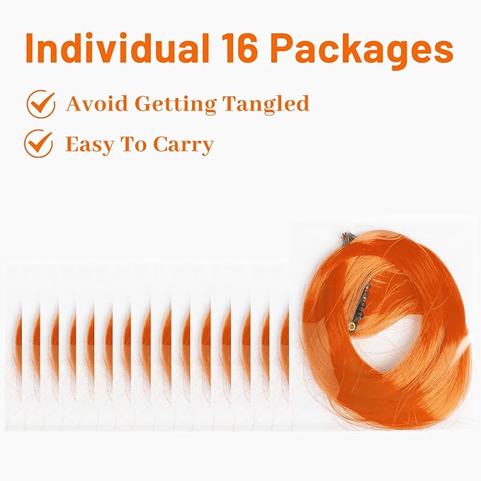 16 Pcs Colored Hair Extensions Curly Wavy Clip in Synthetic Hairpiece Streak for Girls Women Kid, Multi-colors Party Highlights Cosplay Festival Gift(Orange)