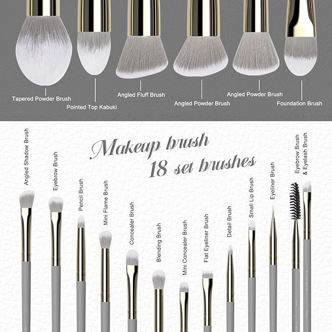 18pcs Makeup Brush Set with Case Dense Synthetic Fiber Premium Metal Ferrule Wood Handle Brushes Includes Powder Foundation Blush Eyeshadow Kit Professional Make up Tools for Women(Grey)