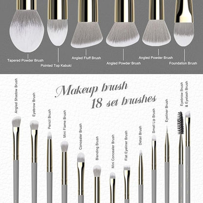 18pcs Makeup Brush Set with Case Dense Synthetic Fiber Premium Metal Ferrule Wood Handle Brushes Includes Powder Foundation Blush Eyeshadow Kit Professional Make up Tools for Women(Grey)