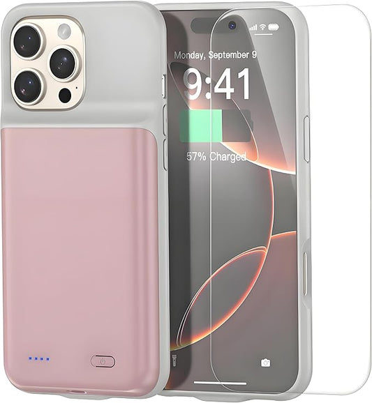 2025 New Upgraded 7000 mAh Travel Battery Case for iPhone 16 6.1inch, Extra Battery Life 15W Fast Charging External Rechargeable Portable Charging Case with HD Tempered Protective Film, Pink