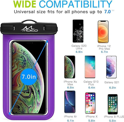 MoKo Waterproof Phone Pouch Holder, Underwater Cellphone Case Dry Bag with Lanyard Armband Compatible with iPhone 16 15 14 13 12 11 Pro Max X/Xr/Xs Max/SE 3, Samsung S24/S23/S21/S20/S10/S9, Purple