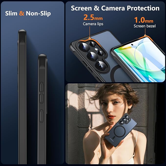 OWKEY Samsung Galaxy S25 Ultra Case 6.86'', Magnetic S25 Ultra Case for Magsafe with Tempered Glass Screen, [Shockproof Military] Translucent Back Slim Bumper Cover Phone Case Galaxy S25 Ultra, Black