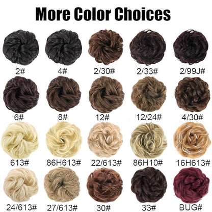MORICA 2PCS Messy Bun Hair Piece, Fake Hair Extension Curly Wavy Synthetic Chignon Scrunchies Ponytail Hair Pieces for Thin Hair, Women (Dark Brown & Light Auburn Mixed)
