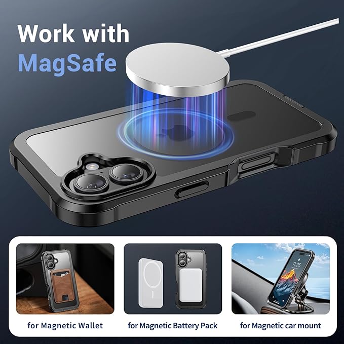 for iPhone 16 case, [Compatible with MagSafe][Military Grade Drop Protection][Heavy Duty Protection][Non-Slip][Shockproof] with 2-Layer Durable Bumper Phone Case 6.1''-Black