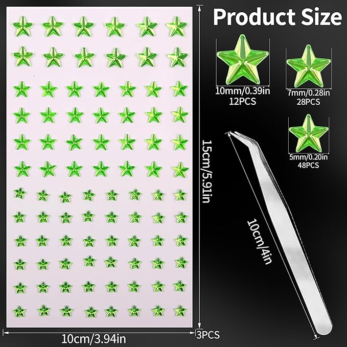 264Pcs Star Face Gems Eye Gems, Self-Adhesive Face Jewels Rhinestones 5/7/10 mm DIY Face Gems Stick on, Patriotic Makeup Gems Rave Accessories for Face Eyes Hair Makeup Body, Crafts (Green-Star)