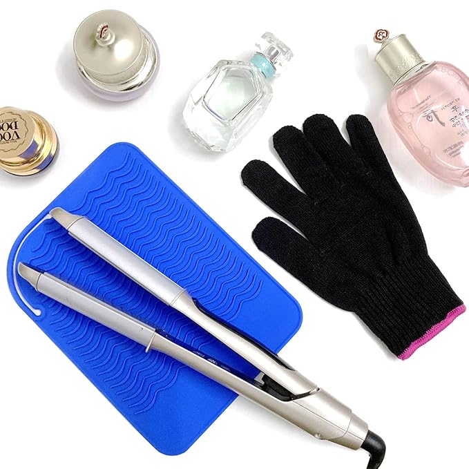 Heat Resistant Mat Pad and Heat Resistant Glove for Curling Irons, Hair Straightener, Flat Irons and Hair Styling Tools 9" x 6.5", Blue by Lessmon
