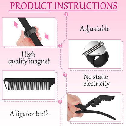 22 Pieces Magnetic Wrist Sewing Pincushion Hair Braiding Tools Pin Wristband Stainless Steel Pintail Rat Tail Comb Wide Teeth Alligator Sectioning Hair Clip Parting Ring Tool(Black)