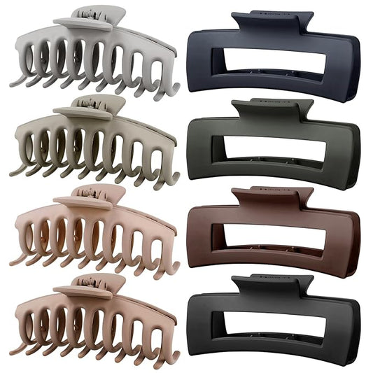 TOCESS Hair Claw Clips for Women, 8 Pack Large 4.33 Inch Jumbo Strong Hold Claw Clip Set for Thick, Thin, Long, Curly Hair, Big Neutral Matte Non-Slip Rectangle Clamps for Girls