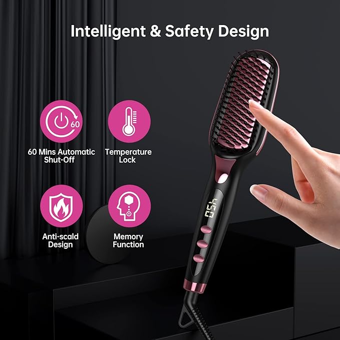 OMTech Hair Straightener Brush, Heated Brush for Women with Anti-Scald, Auto Temperature Lock and Auto-Off, MCH Fast Heating, Home, Barber Shop