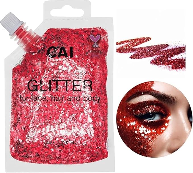 Hair Glitter Gel; Body Glitter & Face Glitter for Women/Kids (2 PK Red/Silver) Moon & Stars; Iridescent Holograph Cosmetic Grade- Apply Without Glue, Easy to Take Off Keeps Skin Clean