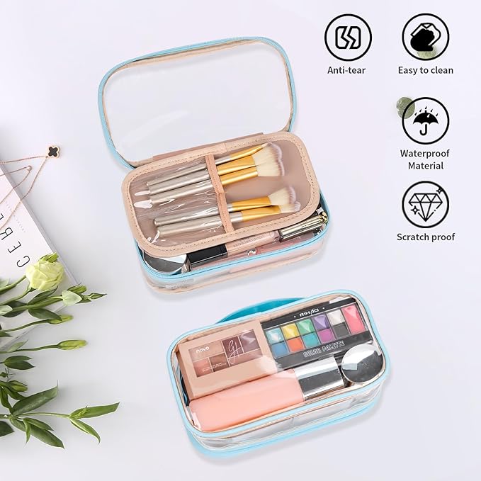 OCHEAL Clear Makeup Bag, Portable Makeup Storage Organizer Cosmetic Bag, Travel Makeup Bag Cute Pouch Women Girls Cosmetics Bags with Divider Makeup Brush Compartment-Lake Blue Clear