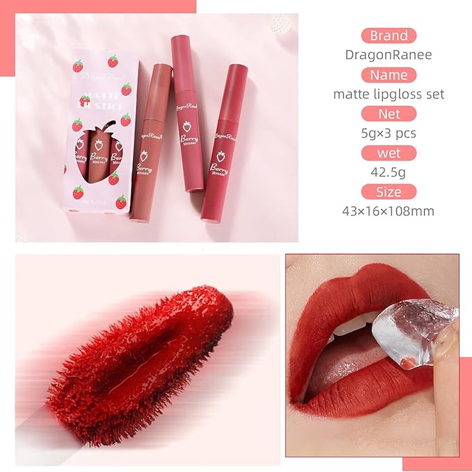 3 Piece Nude Matte Lipstick Set,Natural Velvet Air Moisture Smooth Crayon Lip Stain,Ultimate Nourishing Matte Lipstick 24 Hour Long Lasting Lip Gloss Lipstick for Women Makeup(Set D)