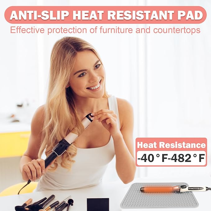 Oversize Silicone Heat Resistant Mat for Curling Iron, Hair Straightener, Flat Irons and Hot Hair Styling Tools, Portable Wrap Pad Cover for Home Vanity Travel(14.2" x 11")