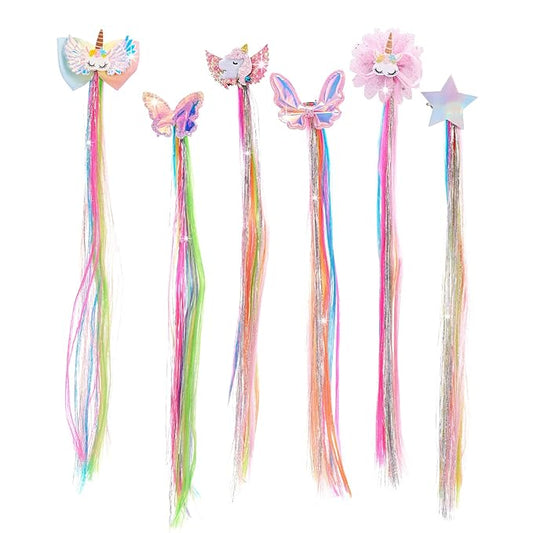 6 Set Rainbow Wig Clips and Straight Fake Bangs - Thick Colored Unicorn Hair Accessories for Kids' Ponytails and Girls