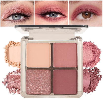 Eyeshadow Quads Glitter Matte Eyeshadow Palette, Nude Pink Dark Red Shimmer Sparkly Eyeshadow Palette Makeup, Daily Prom Eyeshadows Long-Lasting Waterproof Women Girls Eye Shadow 1#