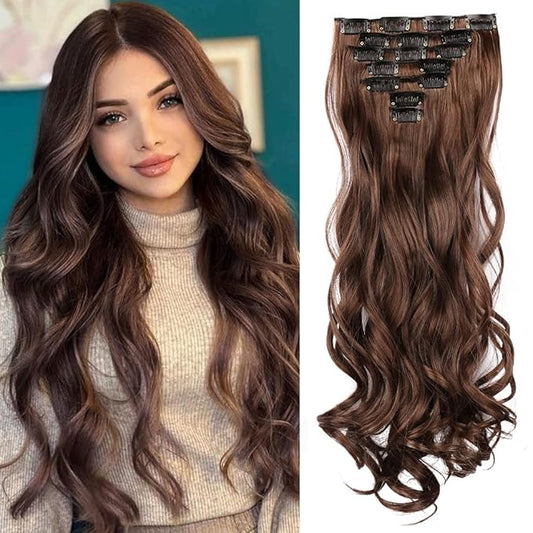 22 Inch Clip In Hair Extensions 7 PCS Long Wavy Synthetic Black Hair Extension & Natural Soft Invisible Clip Thick Hairpieces for Women Daily(20Inch, 7pcs, Dark Brown)
