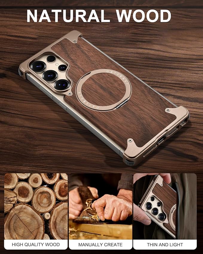 OATSBASF Magnetic Wood Case Compatible with Samsung Galaxy S25 Ultra, [Natural Wood & Aluminum] Shockproof Protective Cover Unique Wooden Case with 360° Ring Stand, Desert Titanium