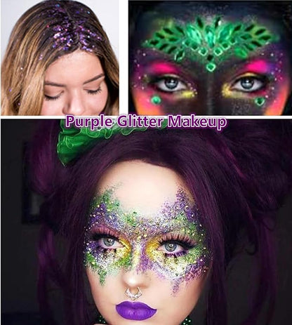 Go Ho Lavender Purple Face Body Glitter Gel,Mardi Gras Outfit for Women Kids,Holographic Mermaid Chunky Sequins Glitters for Eye Lip Hair Nails,Festival Rave Accessories,52g