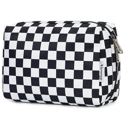 Narwey Checkered Makeup Bag Travel Cosmetic Bag Organizer Toiletry Bag Make Up Bags with Compartments for Women Girls (Large, Black Checkerboard)